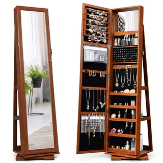COSTWAY Schmuckschrank, Spiegelschrank mit Ganzkörperspiegel und eingebauter Make-up-Spiegel, 360° drehbar, abschließbar, stehend, Schmuckaufbewahrung, Schmuck-Organizer mit Schlüsseln (Hellbraun)