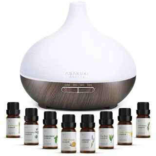 ASAKUKI 300ml Aroma Diffuser mit 8 * 10ml Ätherische Öle Set, Ultraschall Luftbefeuchter Diffusor, 14 Farben LED, 23dB Cool Mist Raumbefeuchter, Yoga, SPA, Zuhause Schwarz