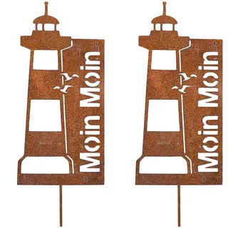 2 Stück Edelrost Leuchtturm Gartenstecker Rost Wetterfest Gartendeko Rostige Maritime Deko Garten Metall Pflanzenstecker Deko Moin Moin Schild Edelrost-Gartendeko für Draußen Garten Teich Vorgarten