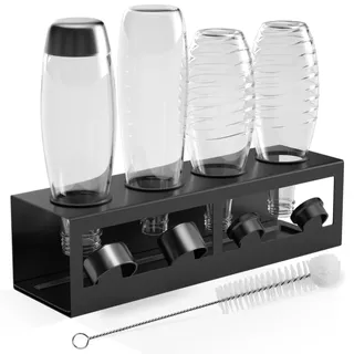 HOMMAND Flaschenhalter für SodaStream Crystal und Emil Flaschen, Edelstahl Flaschenhalter Abtropfgestell Abtropfständer für 4 Flaschen, mit Silikonschutzringe Abtropfschale und Deckelhalter Schwarz