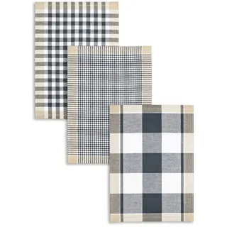 Kracht 3-er Pack Jacquard Geschirrtuch, Halbleinen, Karo sortiert, anthrazit-schwarz-beige, 50x70cm