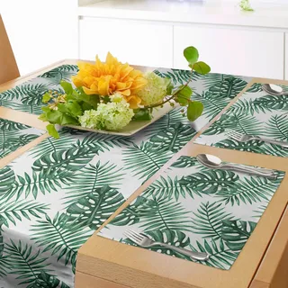 ABAKUHAUS Blatt Tischläufer & 4 Stück Tischsets, Mango-Bananen-Baum-Blätter in der tropischen Wilden Safari-Insel-Dschungel-Bild-Grafik, Tischdeko-Set, 180 x 40 cm, Jägergrün Weiß