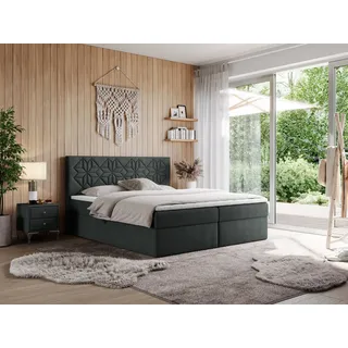 MKS Meble Boxspringbett 160x200 mit Matratze H3 und Bettkasten, Doppelbett Bett mit Stauraum und Topper, Polsterbett 160x200 mit Kopfteil - Leila - Dunkelgrau Struktur - H3 - Grau