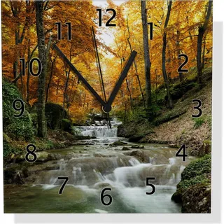 Wallario Design Wanduhr Kleiner Bach über Steine im Herbstwald aus Aluverbund, Größe 30 x 30 cm - Schwarz