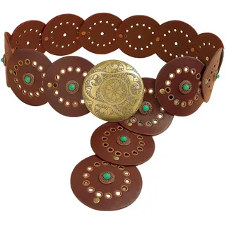 CALFOVERA Breiter Gürtel Damen Western Boho Türkisfarbener Metall Taillengürtel Runde PU Leder Cowboy Gürtel Vintage Scheiben Verstellbar Hüftgürtel Brauner Mittelalter Country Kleidung 113x9cm
