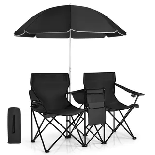 GIANTEX 2er Partner Campingstuhl mit Sonnenschirm, klappbarer Doppel Angelstuhl mit Getränkehalter & Kühltasche, Klappstuhl für 2 Personen, Anglerstuhl in Tasche, Faltstuhl Doppelsitzer