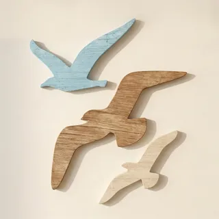 PIujsym 3 Stück Möwen Wanddeko Holz, Fliegende Vögel Skulptur Vintage Blau Braun, Maritime Deko, Küstenmotiv Ornament, Deko Maritim für Schlafzimmer, Badezimmer, Ferienhaus