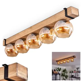 HOFSTEIN Deckenleuchte Montgomery, Deckenlampe aus Holz/Metall/Glas in Natur/Schwarz/Bernstein, Leuchte im skandinavischen Design mit Holzbalken, 5 x E27, Schlafzimmer, Wohnzimmer, Küche, Esszimmer