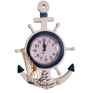 YOAI Wanduhr Kinder Badezimmer Uhr Holz Maritime Bad Deko mit Steuerrad Anker Fischnetz Shabby Wanddeko für Wohnzimmer Schlafzimmer Kinderzimmer (Type-1)