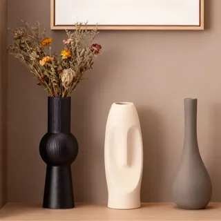 VASETOPIA Keramik Vasen 3 Stück, Minimalismus Stil Blumenvasen Home Decor für Wohnzimmer, Pampas Grass, Tisch (13 Schwarz/Grau/Beige)