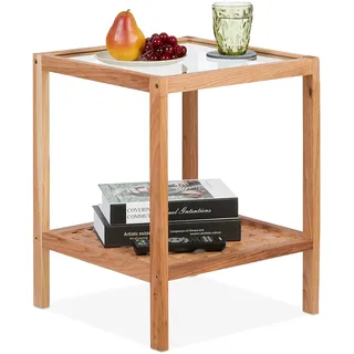 Relaxdays Beistelltisch, Wohnzimmertisch mit Glasablage, HBT 50x40x40 cm, Ablagetisch aus Walnussholz, Nachttisch, Natur, Holz, 50 x 40 x 40 cm