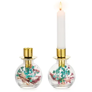 NUPTIO Kerzenständer Stabkerzen Kerzenhalter Glas: 2er Gold Kerzenhalter mit Trockenblumen Boho Deko Weihnachten Geschenke für Frauen Tischdeko Esstisch Frühling Stabkerzenhalter
