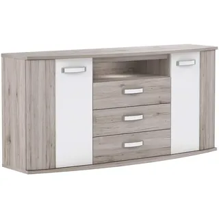 Forte Rondino Sideboard mit 2 Türen und 3 Schubladen, Holzwerkstoff, Sandeiche / Weiß Hochglanz, 61,3 x 81,5 x 169,6 cm