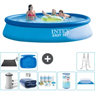 Intex runder aufblasbarer Easy Set-Schwimmpool – 396 x 84 cm – Blau – inklusive Pumpe Sonnensegel - Wartungspaket - Filter - Bodenplane - Solarmatte - Leiter