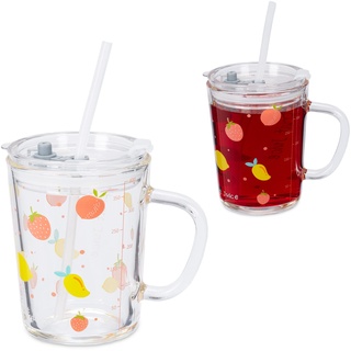 Relaxdays Kindergläser 2er Set, Früchte-Motiv, Trinkglas Kinder, Henkel, Deckel & Strohhalm, 400 ml Skala, transparent