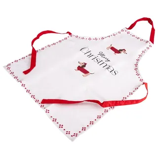 Dr. Oetker Holiday Joy Kinder Backschürze – 60 x 45 cm, Schürze aus Polyester mit Baumwollbändern & Klettverschluss, Weihnachtsdackel Design, waschbar bis 40 Grad, Küchenschürze für Backen und Kochen