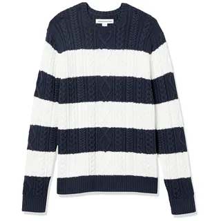 Amazon Essentials Herren Pullover mit Langen Ärmeln und Rundhalsausschnitt aus 100% Baumwolle mit Zopfmuster, Marineblau Weiß Rugby-Streifen, XL