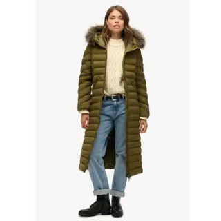 Superdry für Damen. W5011790A Lange Jacke mit Kapuze aus Kunstfell Fuji grün (XS), Lässig, Recyceltes Polyester, Nachhaltig