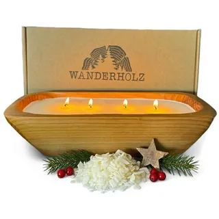 Wanderholz Sojawachskerze in einer Zedernholz Holzschale - Nachhaltige Mehrdochtkerze mit Sojawachs Vierdochtkerze Kerzenwachs Sojakerze Große Kerzen Geschenk Kerze Groß Deko Wohnzimmer Kerze XXL