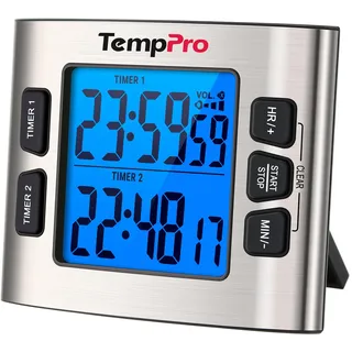 TempPro Dualer Küchentimer Digital mit Uhr, 2 Timer & Countdown | Dualer Timer mit Uhr & Datum (12/24 h), blaue Beleuchtung, 4 Lautstärken, Magnet, 2 AAA ( Ex-ThermoPro )