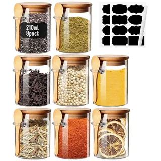 Gewürzgläser Set mit Etiketten 7oz Kleine Vorratsdosen mit Deckel Luftdicht und Löffel Overnight Oats Container Küchenzubehör Lagerung Gläser Behälter für Kräuter/Tee/Zucker/Gewürz/Badesalz/Salz 8PCS