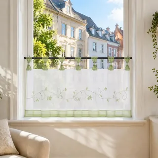 Joyswahl Scheibengardine Voile Bistrogardine Selina Bestickt 45x90 Grün | Küchengardinen mit Blumen-Stickerei Muster, Transparente Gardine, 1er Pack, Fenstergardine Landhaus, Kurzstore mit Schlaufen