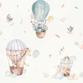 Rasch Kindertapete Heißluftballon Kids World II - Verspielte Vliestapete Wolken in Beige Braun Türkis für ein natürliches Wohnambiente in Kinderzimmer, Spielzimmer und Schlafzimmer - 10,05 m x 0,53 m