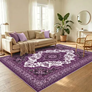 WUTONG Teppich Lila 120x160 cm Wohnzimmer Waschbar,Vintage Kurzflorteppich,Rutschfestes Kaschmir-Imitat mit Medaillon Teppich für Schlafzimmer