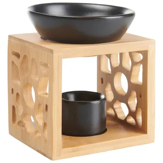 Duftlampe , Naturfarben, Schwarz , Holz , bauchig , 9.90x14.20x11.80 cm , Dekoration, Raumdüfte, Duftlampen