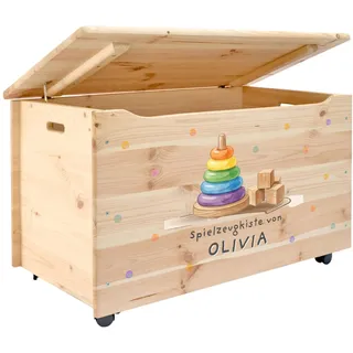Pinus Spielzeugkiste personalisierbar 90x48x51 cm mit Deckel Rollen | Kiefernholz, Wunschname personalisiert, große Aufbewahrung, für Spielzeug Decken Erinnerungen, Kinderzimmer Geschenk Geburt