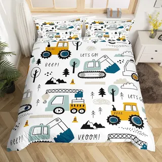 Bettwäsche-Set, Cartoon-Auto, Bau-Bettwäsche-Set, Bettbezug, 140 x 200 cm, Set für Kinder, Jungen, Lkw-Ausrüstung, Bagger, Traktor, Weiß, Gelb