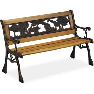 Relaxdays Kinder Gartenbank, Afrika Tier-Motiv, 50 kg Traglast, Holz, Gusseisen, HBT: 51 x 83 x 37 cm, Kinderbank, Natur