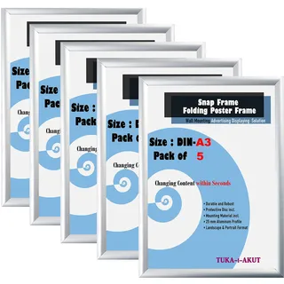 TUKA-i-AKUT 5er A3 Klapprahmen aus Aluminium 25 mm Profil, Plakatrahmen Wechselrahmen Poster Rahmen Schnapprahmen Aufklappbar mit Schutzscheibe Befestigungsmaterial, Silber Farbe, TKD8420-A3-5X