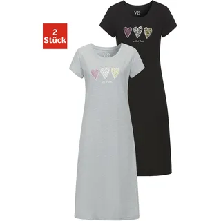 Nachthemd VIVANCE DREAMS, Damen, Gr. 36/38, N-Gr, grau (grau, schwarz), Single Jersey, Obermaterial: 90% Baumwolle, 10% Polyester. Oberteil: 100% Baumwolle, bedruckt, Basic, ca. Mitte Oberschenkel, Rundhals, angeschnitten, Kleider Nachthemd, mit schönem Herzen-Frontprint