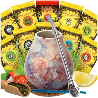 Brasilian Yerba mate-tee set Mate Green 20x50 und keramik mate tee tassen Caleidoscope 350ml tasche ● Edeltahl trinkhalm Bombilla 19cm ● Korkpad und Löffel ● Yerba Mate-Tee loose leaf 1kg