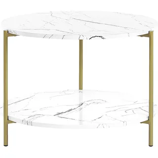 BELIANI Couchtisch Weiß MDF-Platte Marmor Optik Rund 60 cm mit Goldenem Metallgestell Ablage Modern Glamour Stil Sofatisch für Wohnzimmer Salon Möbel - Weiß, Gold