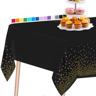 PartyWoo Tischdecke Schwarz Gold 1 STÜCK, 137 x 274 cm/ 54 x 108 Zoll Rechteckige Party Tischdecke Abwaschbar für 6 bis 8 Fuß Tisch, Tischtuch, wasserdichte Tischdecke für Party, Geburtstag (1 STÜCK)