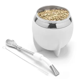 balibetov Yerba Mate Becher und Bombilla Set, inklusive Edelstahl Yerba Mate Kürbis, Premium Bombilla Mate und Reinigungsbürste (Weiß)