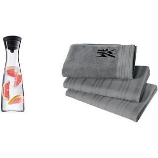 WMF Basic Wasserkaraffe 1,5 liter, Glaskaraffe mit Deckel, Silikondeckel, CloseUp-Verschluss & Küchenhandtuch-Set, 3-teilig, Handtuch, Geschirrhandtuch, Baumwolle