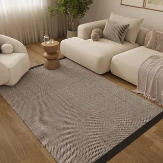 TAPISO Loni Wollteppich handgewebt Natur Schwarz Wohnzimmer 300 x 400 cm | Wollwebteppich Wolle und Baumwollteppich Hand Made pflegeleicht für Schlafzimmer Flur Esszimmer