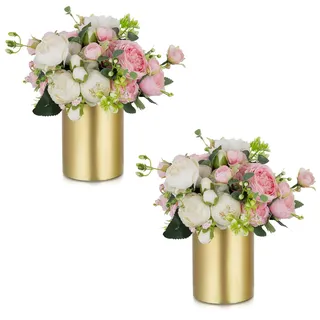 NUPTIO Blumenvase Klein Hochzeit Tafelaufsätze: 2 Stücke 13cm Gold Künstliche Blumen Vasen Tisch Tafelaufsatz Metall Floralen Rose Zylinder Essen Wohnzimmer Party Moderne Ästhetische Dekorationen