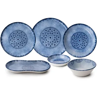 27-teiliges blaues Speiseservice, 100% Porzellan | Enthält Servierteller, Schüsseln, Dessertteller und Servierteller | Spülmaschinen- und mikrowellengeeignet