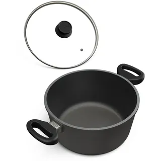 Hoffmann Kasserolle mit Glasdeckel Ø 24 cm, 4 Liter I 11 cm Innenhöhe I Servierpfanne Antihaft beschichtet Induktion I Induktionsherd I Deckel I Aluguss Induktionsgeeignet 100% Verzugsfreier Boden