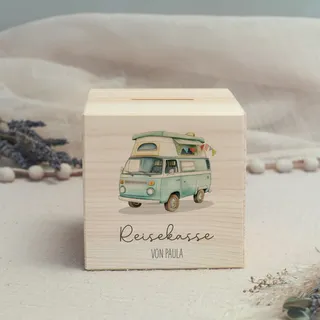 hellomini Personalisierte Spardose aus Holz mit Namen – Gravierte Reisekasse für kleine & große Abenteuer – Geschenkidee mit Wunschtext für Urlaubsträume - Reisekasse Bulli
