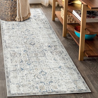 TOPICK Läufer 60x300cm Blau Teppiche Vintage Waschbar Teppichläufer Flur Innenbereich Retro Faltbar Dünner Multi Floral Boho rutschfeste Badezimmer Küche Schlafzimmer Wohnzimmer