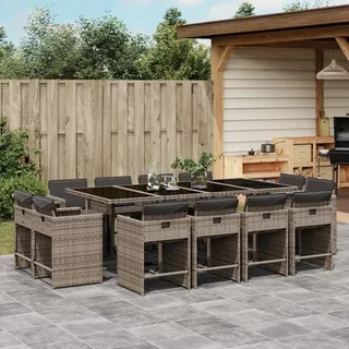 BEI CLORIS Gartenmöbel Set Balkonmöbel-Set 13-tlg. Garten-Essgruppe mit Kissen Grau Poly Rattan - Gartenmöbelgarnituren Neu9310761 5parcel - Grau