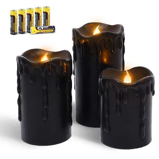 Rhytsing 3er Schwarzen LED Kerzen mit Timerfunktion für Halloween, Flammenlose Wachskerzen Echtes Wachstropfen-Optik für Winter - H 10/12,5/15 cm