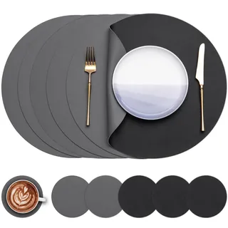 Myir JUN Tischsets abwaschbar und Untersetzer Tischsets Rund Ø 38cm | 6er Set Rund Platzsets wasserdichte Platzdeckchen abwaschbar doppelseitige rutschfeste Kunstleder Tischsets in Lederoptik