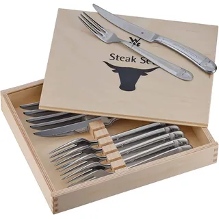 WMF Steakbesteck 12-teilig, Steakbesteck Set für 6 Personen, Steakmesser Set, Steakgabel, Cromargan Edelstahl poliert, Grillbesteck in Holzkiste