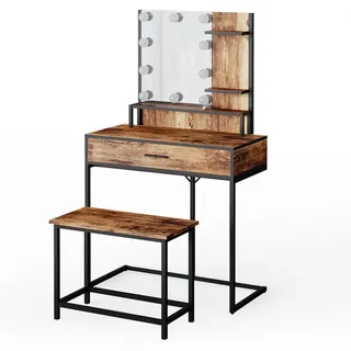 Vicco Schminktisch Fyrk Antikholz 80 cm mit LED Beleuchtung und Stuhl, Model 34348 - Schwarz